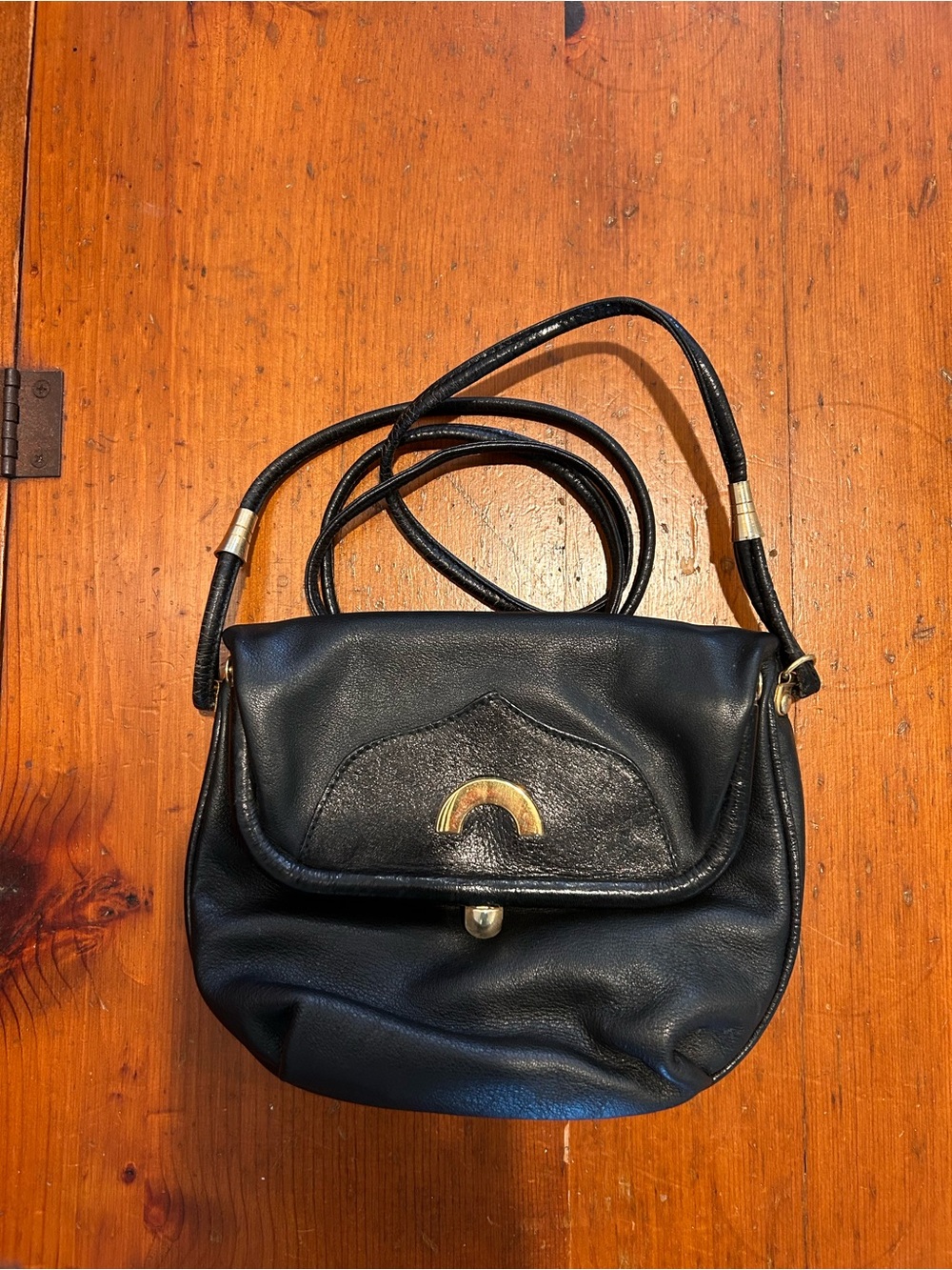 Black Leather School Italian Crossbody Bag with Gold Accent